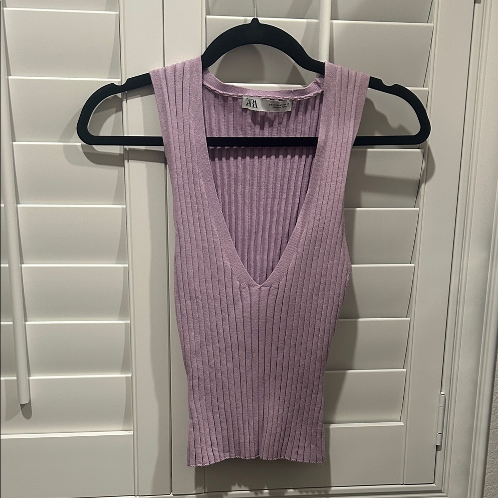 Zara Women's V-Neck Ribbed Purple Tank Top